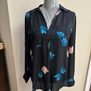 Ann Taylor Tulip Floral Navy Blue Sheer Blouse Long Sleeve Button Down Shirt M